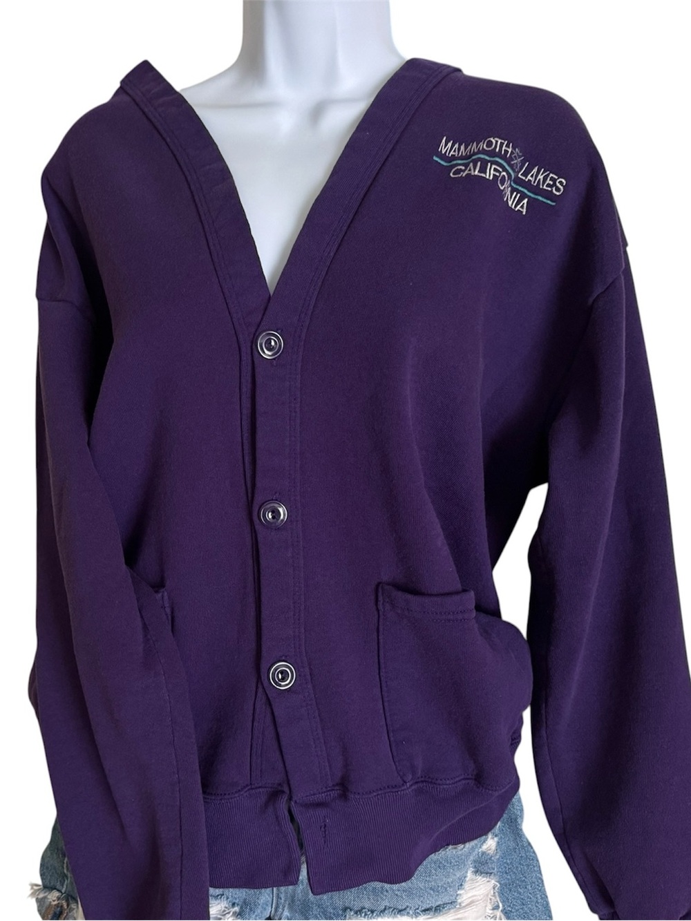 Vintage 90s Jerzees Mammoth Lakes California Fleece Cardigan Sweatshirt Purple